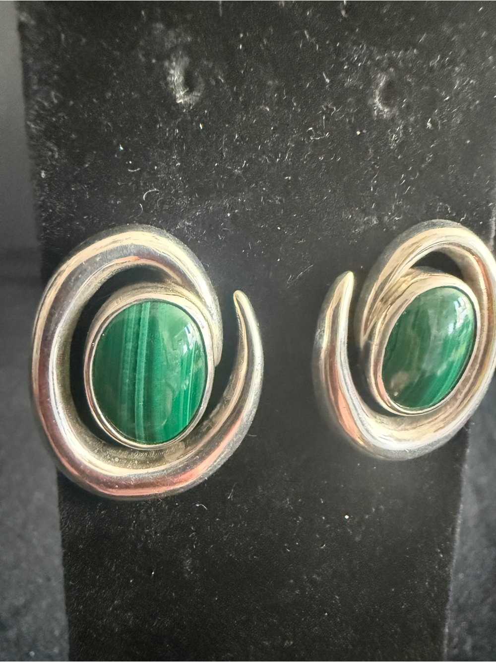 Designer Inger Kleckner Green Malachite Swirl Sterling Earrings